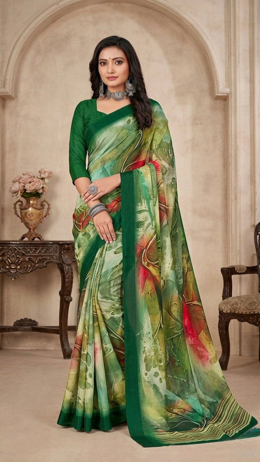 Emerald Mirage Abstract Printed Satin Saree