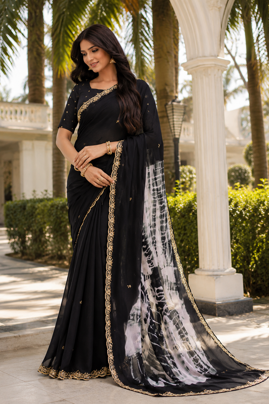 Embroidered Tie-Dye Chiffon Saree