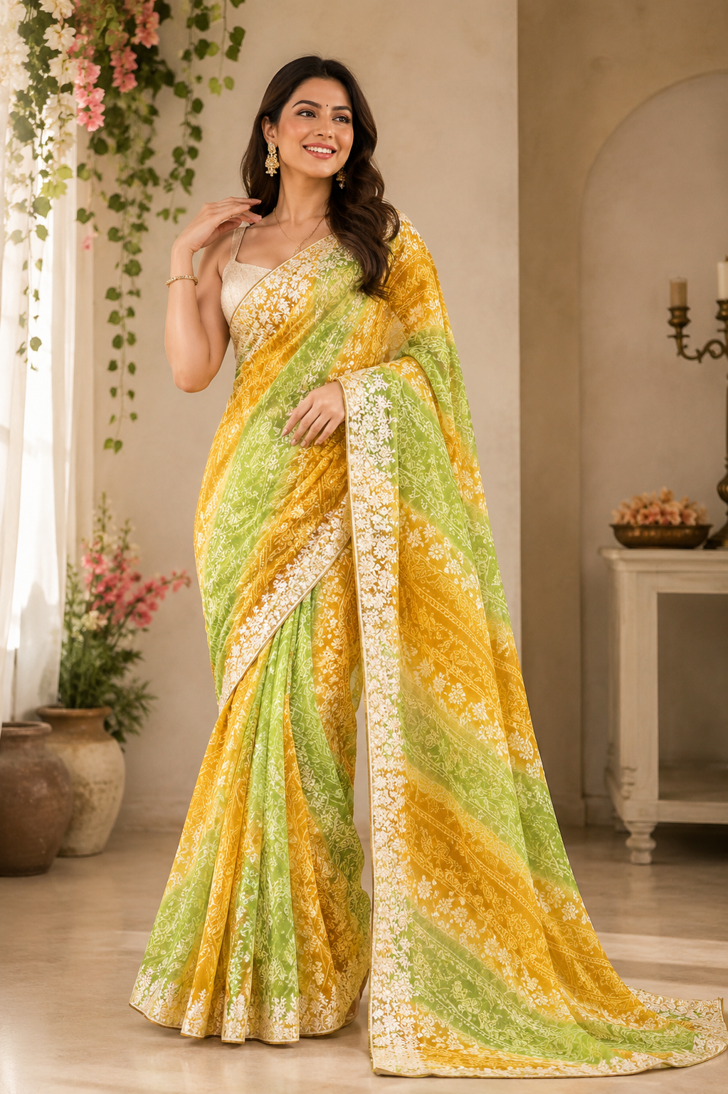 Sunrise Bloom Bhandej Saree