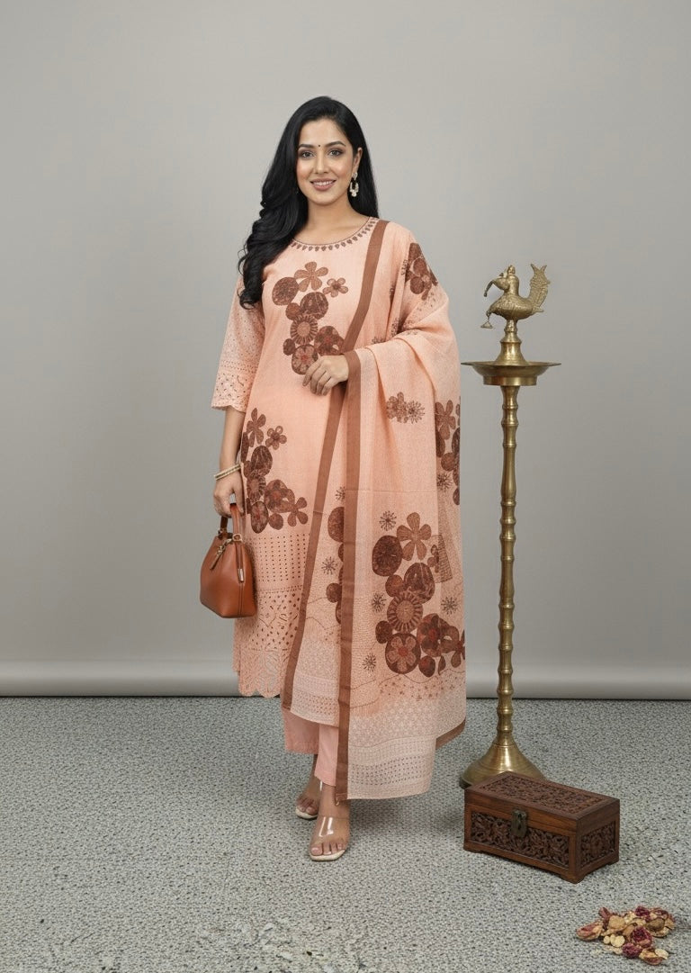 Peach Brown Floral Printed Kurta Set with Dupatta