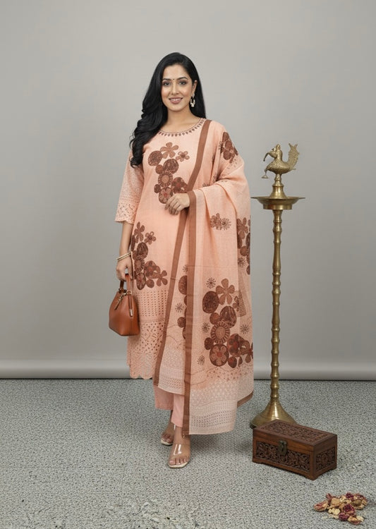Peach Brown Floral Printed Kurta Set with Dupatta