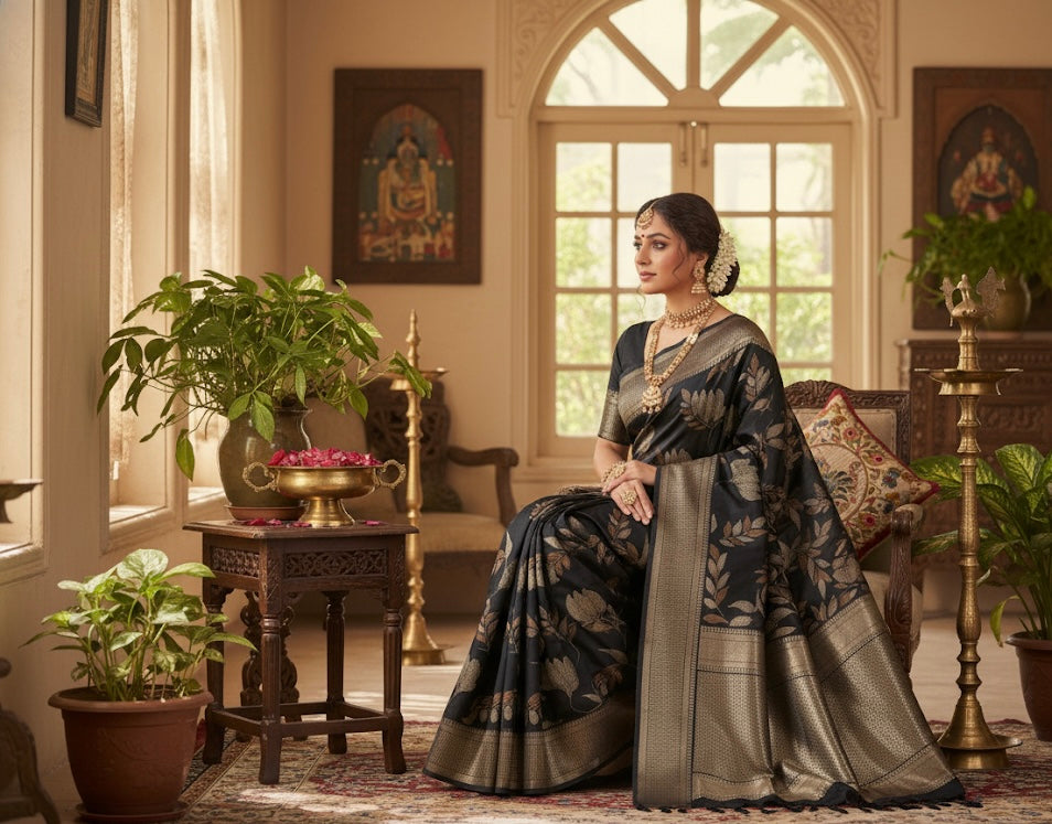 Black Banarasi Silk Blend Saree with Antique Zari Floral Brocade