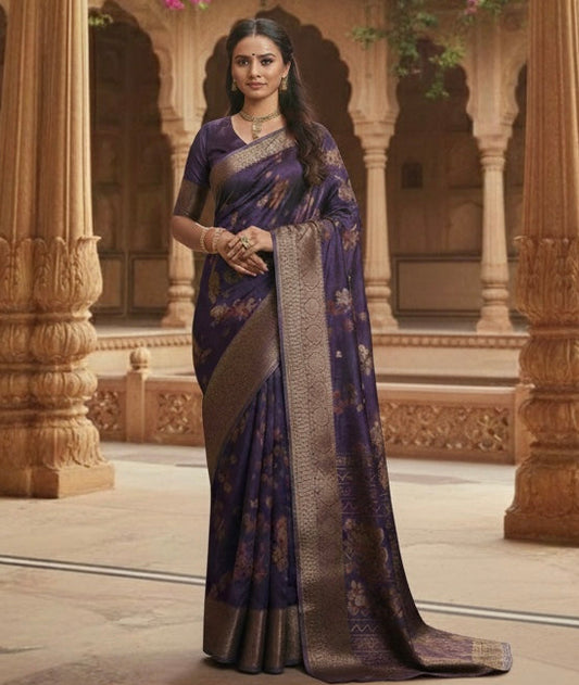 Heritage Floral Printed Silk Saree with Traditional Woven Border