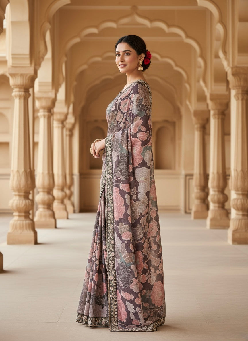 Midnight Blossom Floral Silk Blend Saree