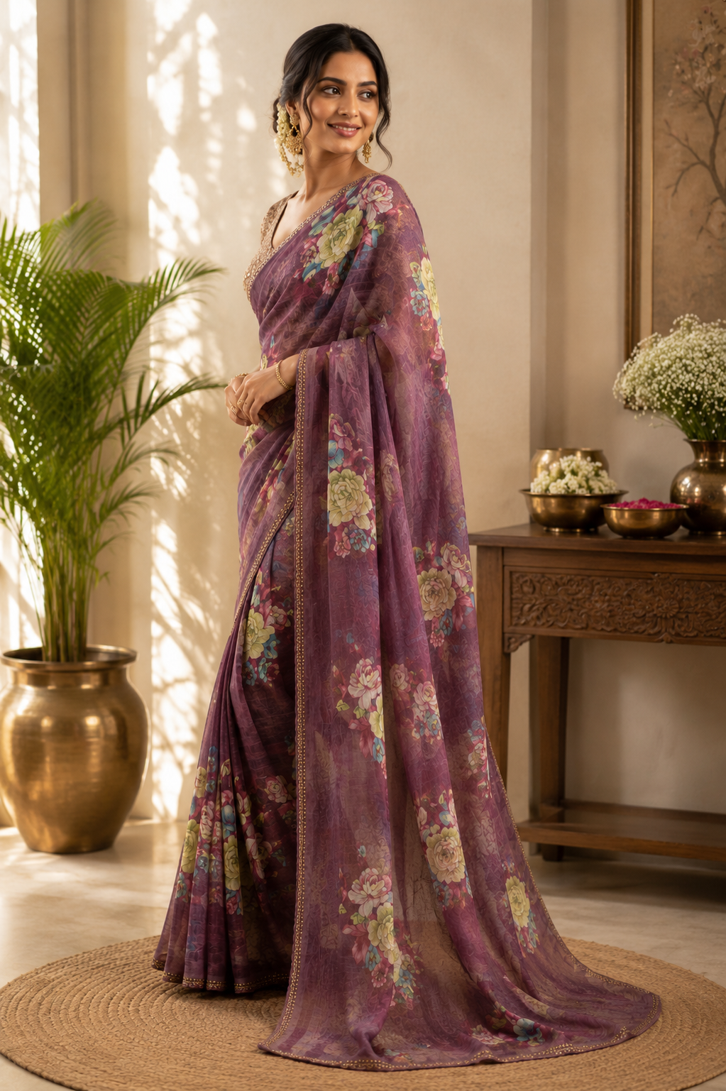 Lavender Blossom Floral Printed Organza Saree