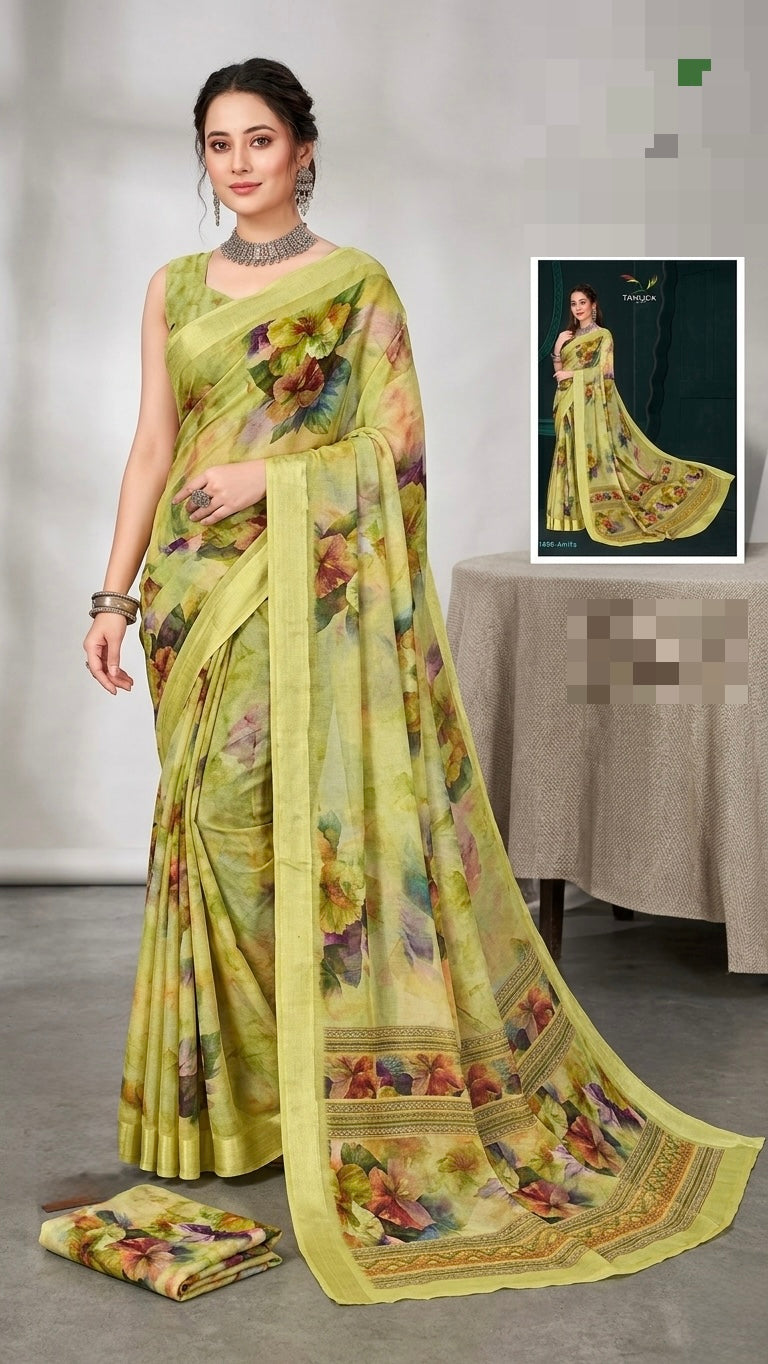 Lime Green Floral Digital Print Linen Saree