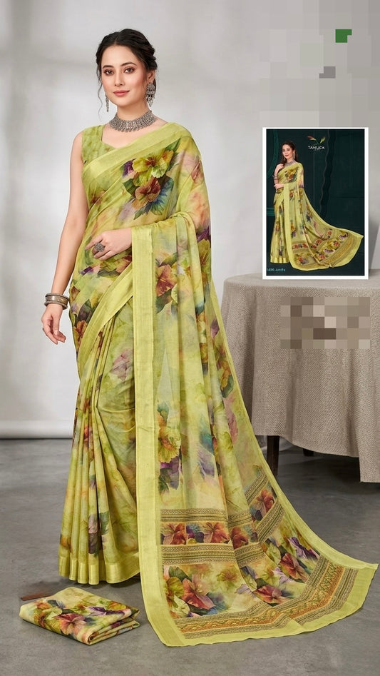 Lime Green Floral Digital Print Linen Saree