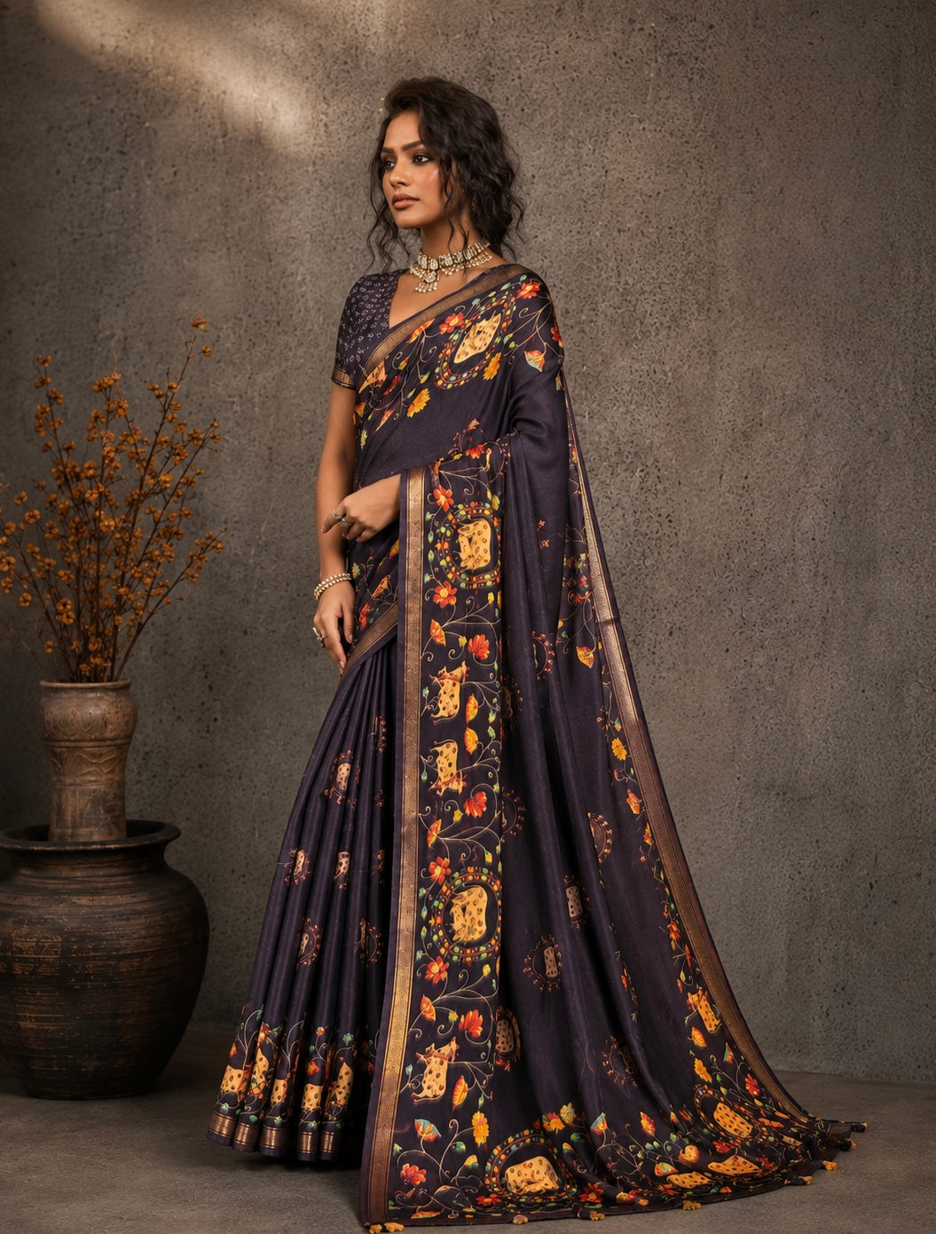 Midnight Folk Art Saree