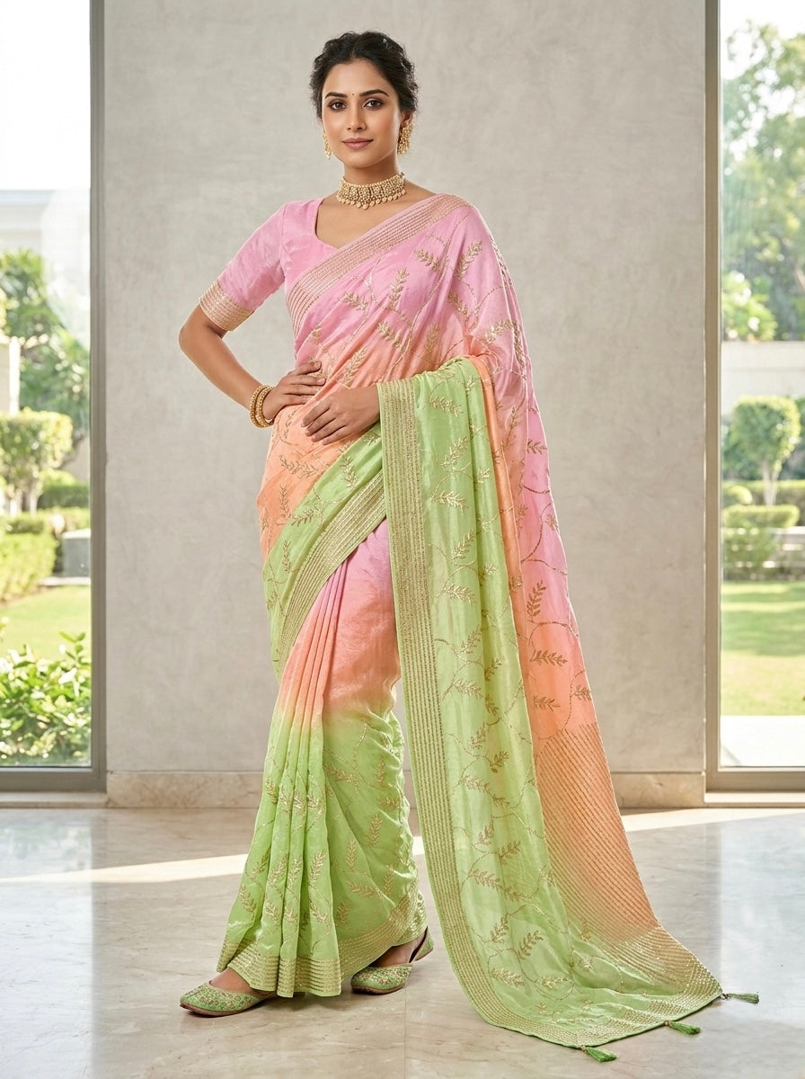 Elegant Botanical Linen Silk Saree with Subtle Zari Border