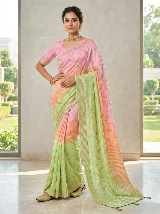 Elegant Botanical Linen Silk Saree with Subtle Zari Border