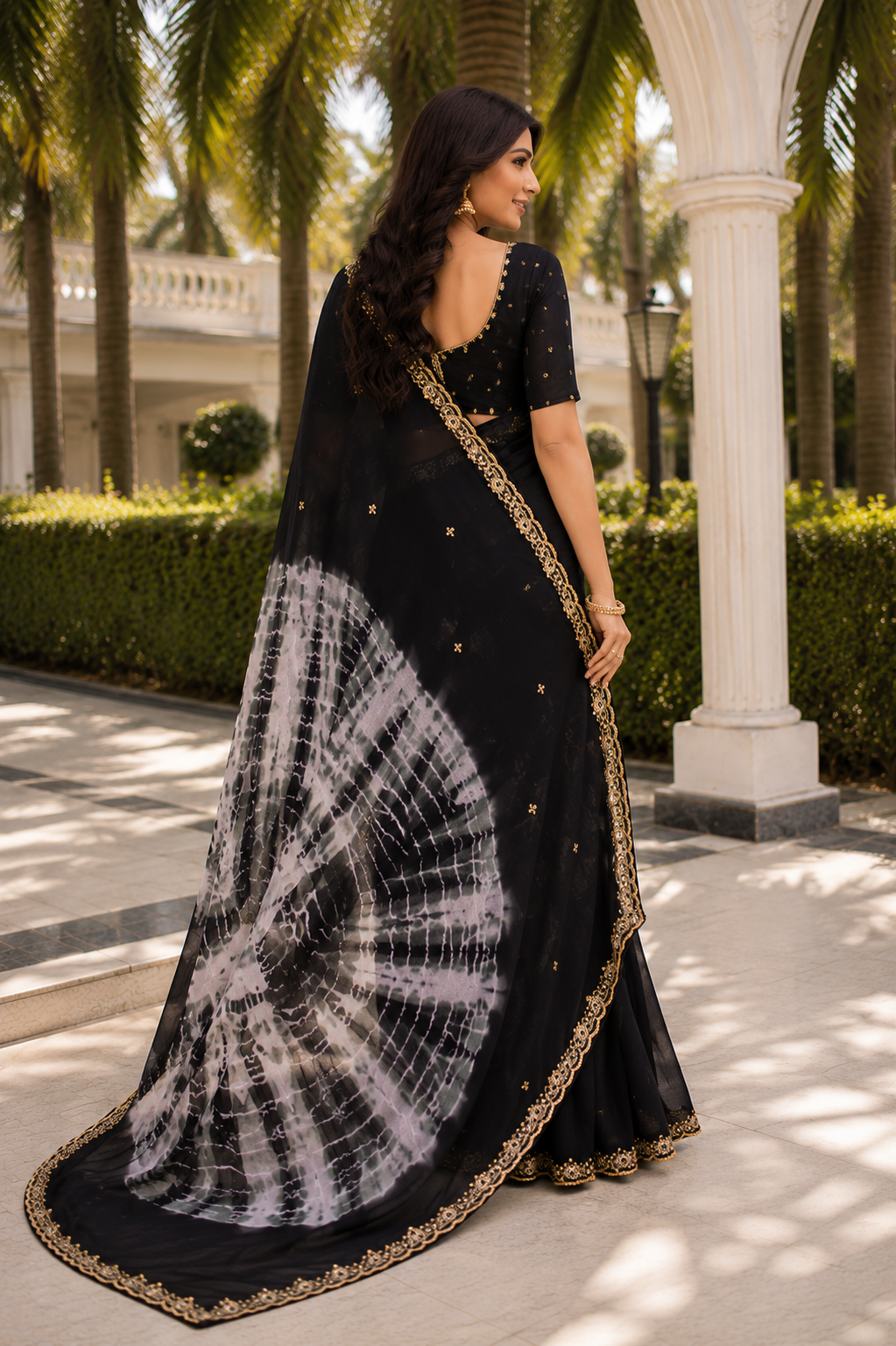 Embroidered Tie-Dye Chiffon Saree
