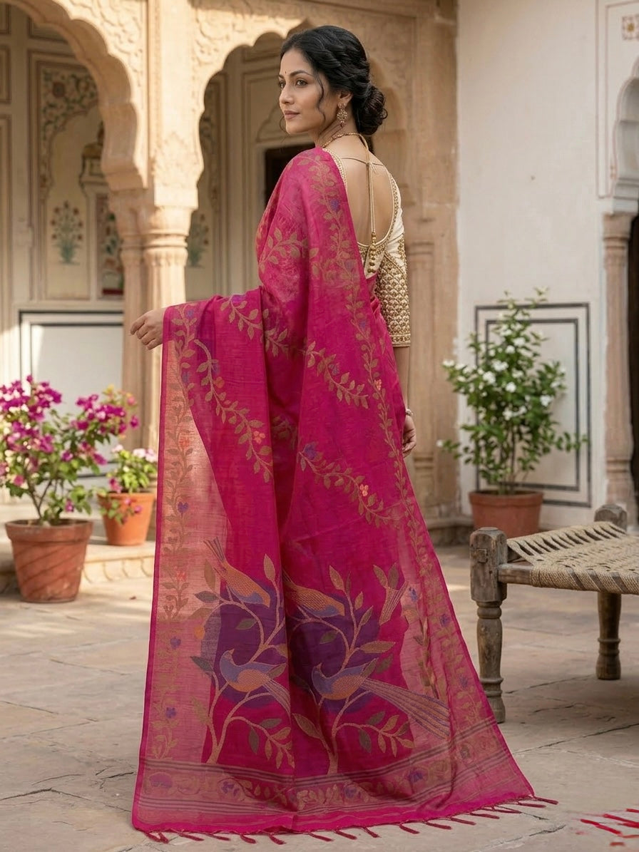 Handwoven Inspired Bird Motif Linen Saree