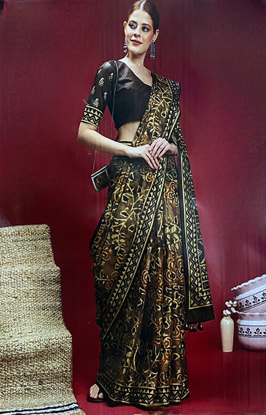 Antique Bronze Tussar Silk Saree with Tribal Zari Weave