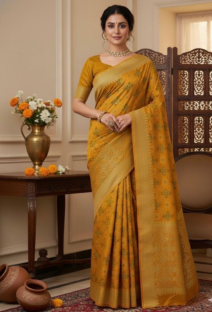 Banarasi Silk Blend Saree with Zari Brocade Weaving