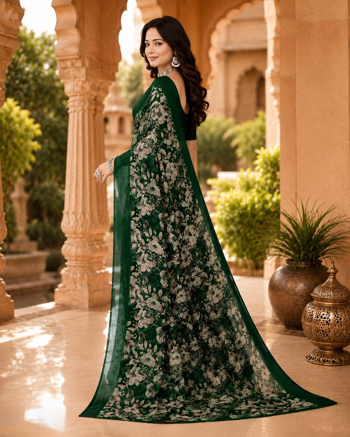 Emerald Whisper Floral Saree