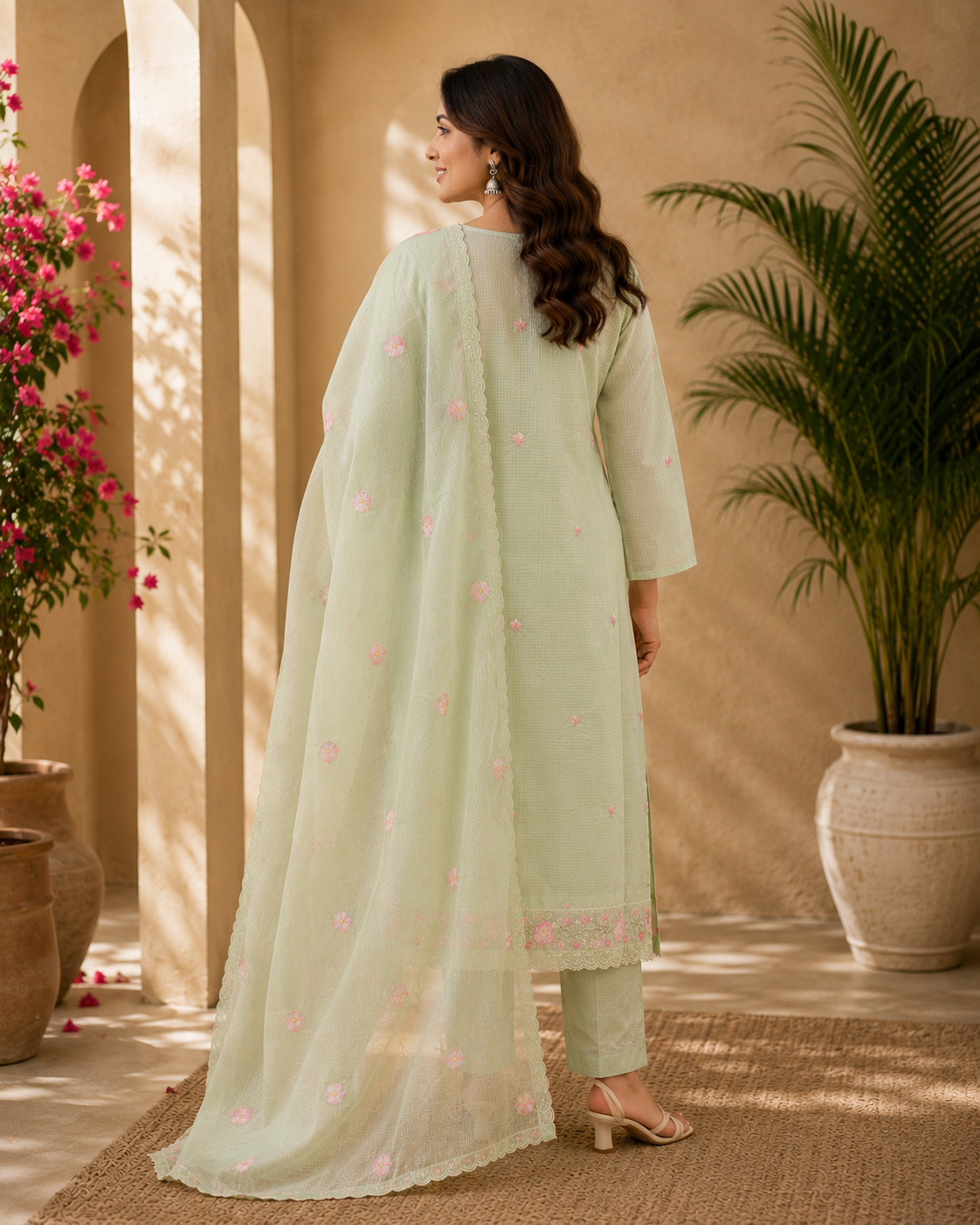 Mint Green Floral Embroidered Kurta Pant Dupatta Set