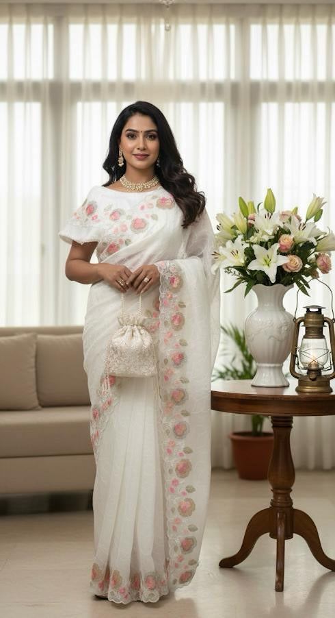 Organza Floral Saree – White & Pink