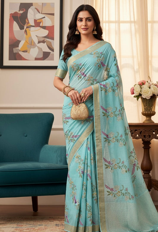Aqua Blue Silk Saree with Subtle Floral Embroidery