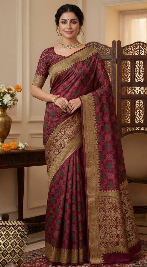 Banarasi Silk Blend Saree with Zari Brocade Weaving