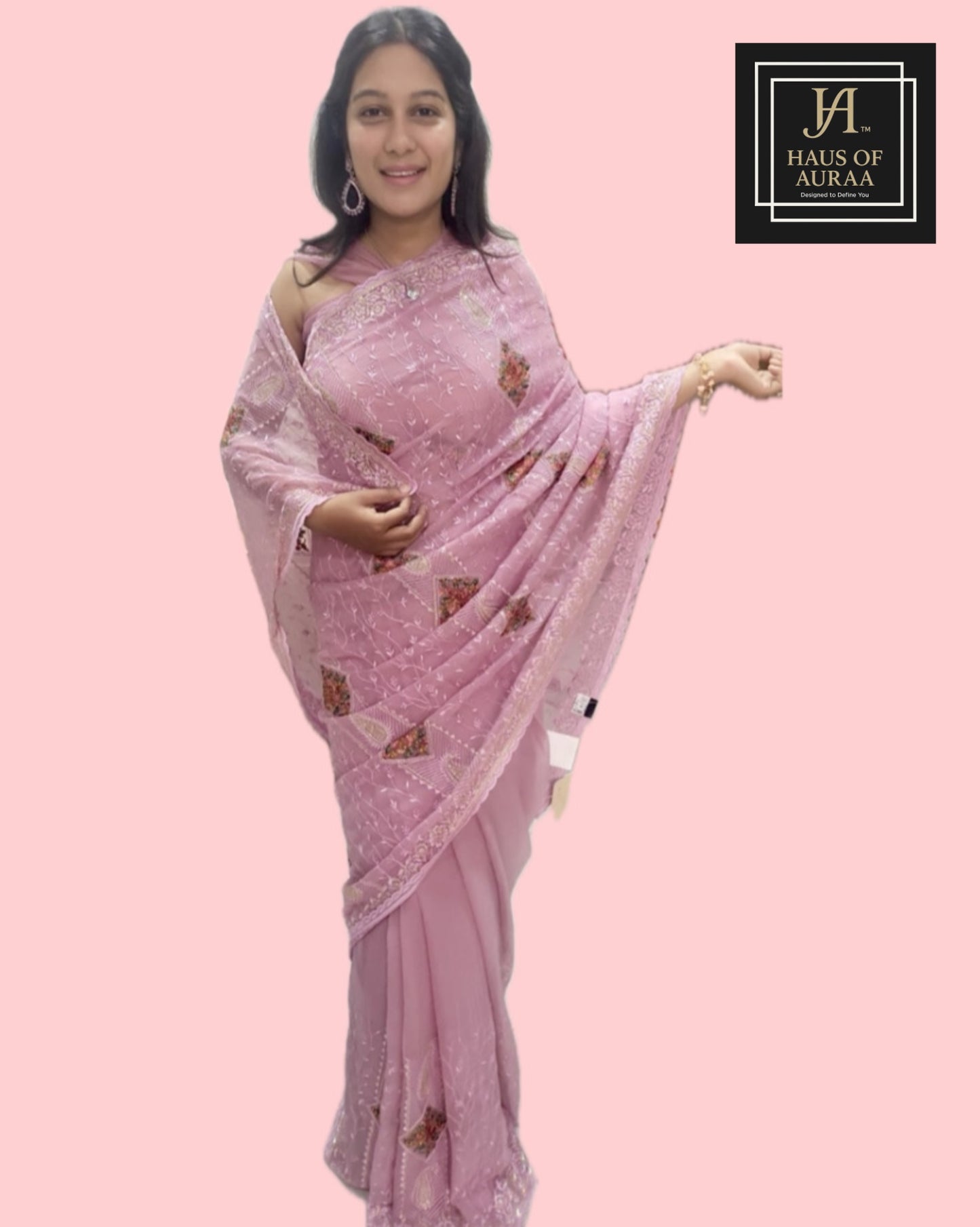 Pastel Mauve Chikankari & Patchwork Georgette Saree