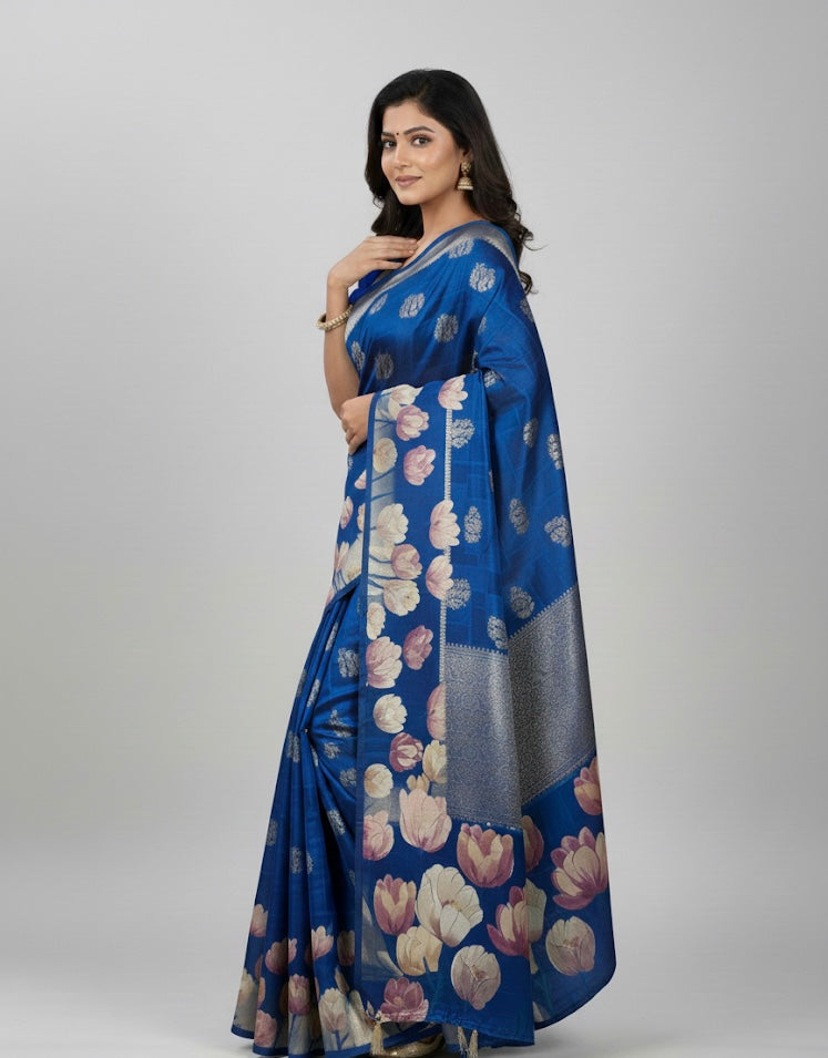 Floral Printed Soft Silk Saree with Subtle Zari Highlights – Mint Green & Aqua Blue