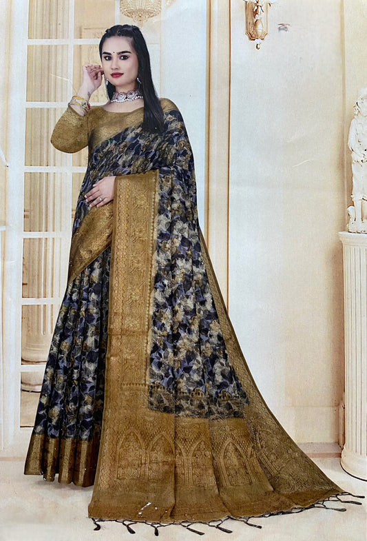 Greyish Black & Antique Gold Floral Printed Saree with Zari Woven Border