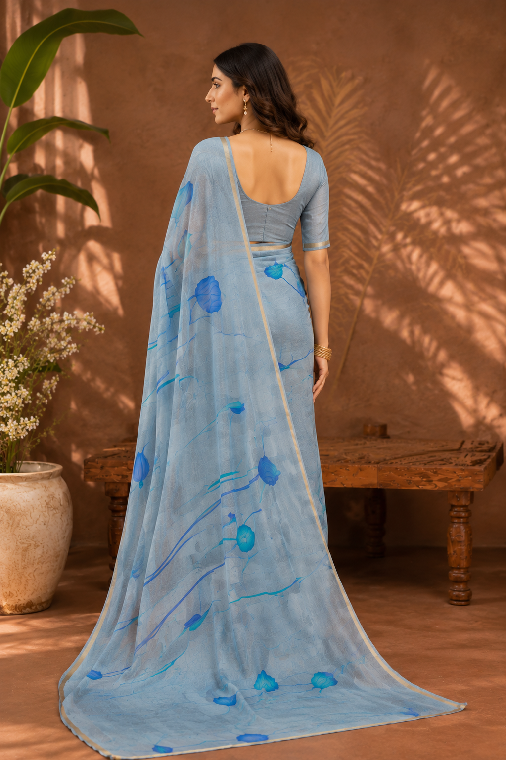 Sky Bloom Printed Linen Saree