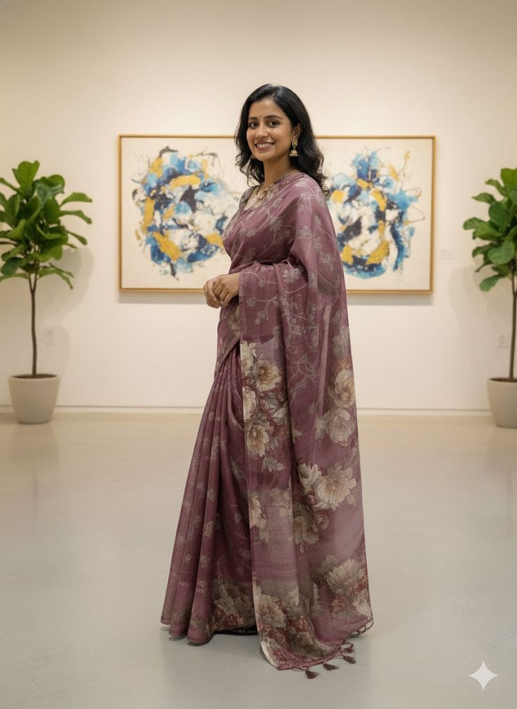 Organza Satin Saree with Digital Floral Print