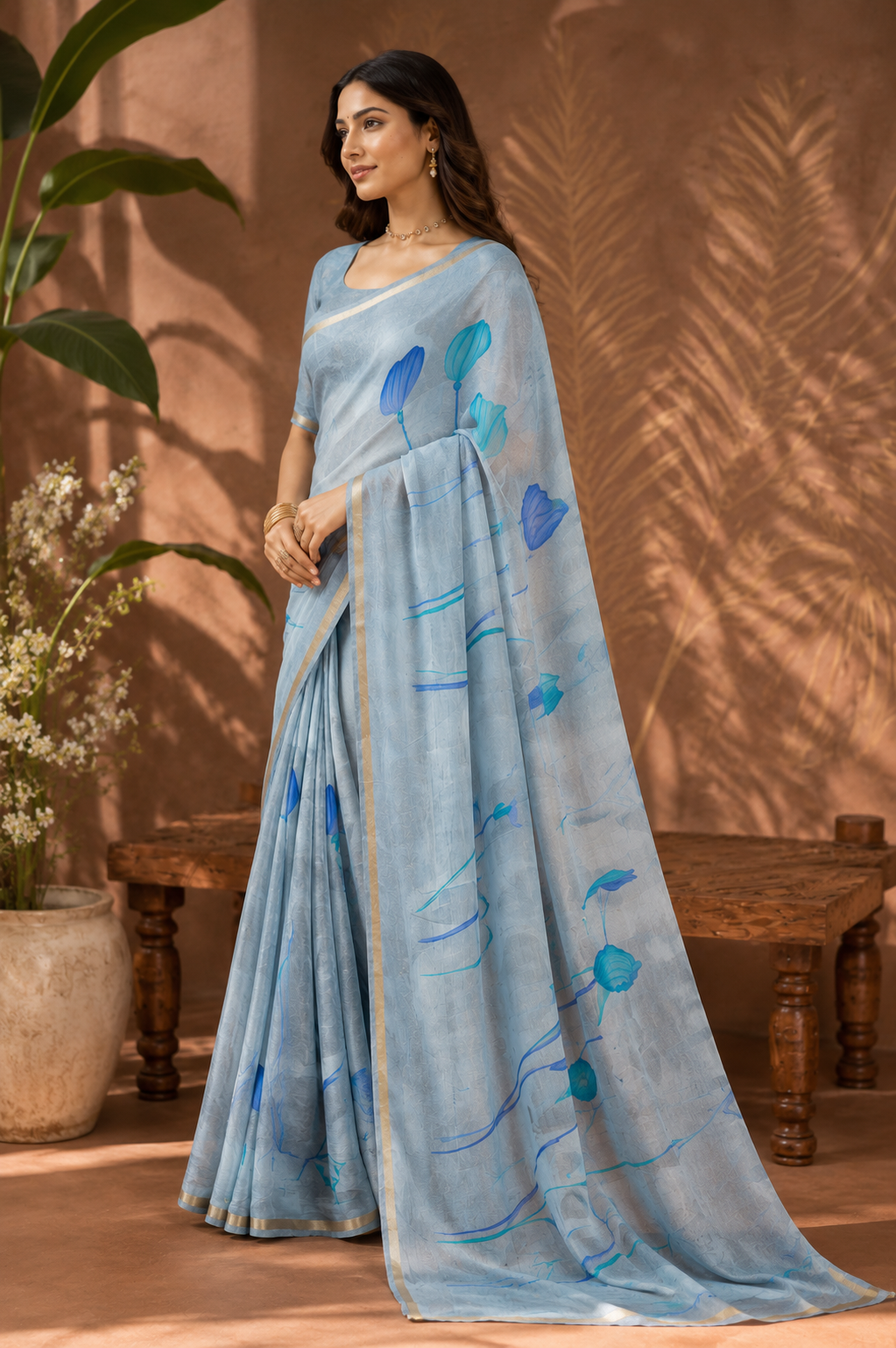 Sky Bloom Printed Linen Saree