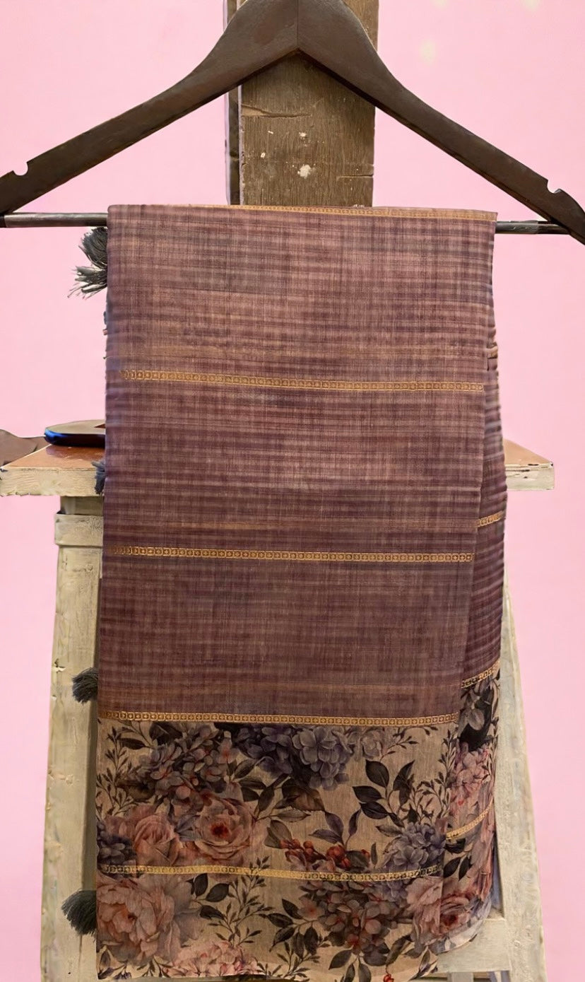 Muted Mauve Checked Linen Saree with Floral Border Detailing