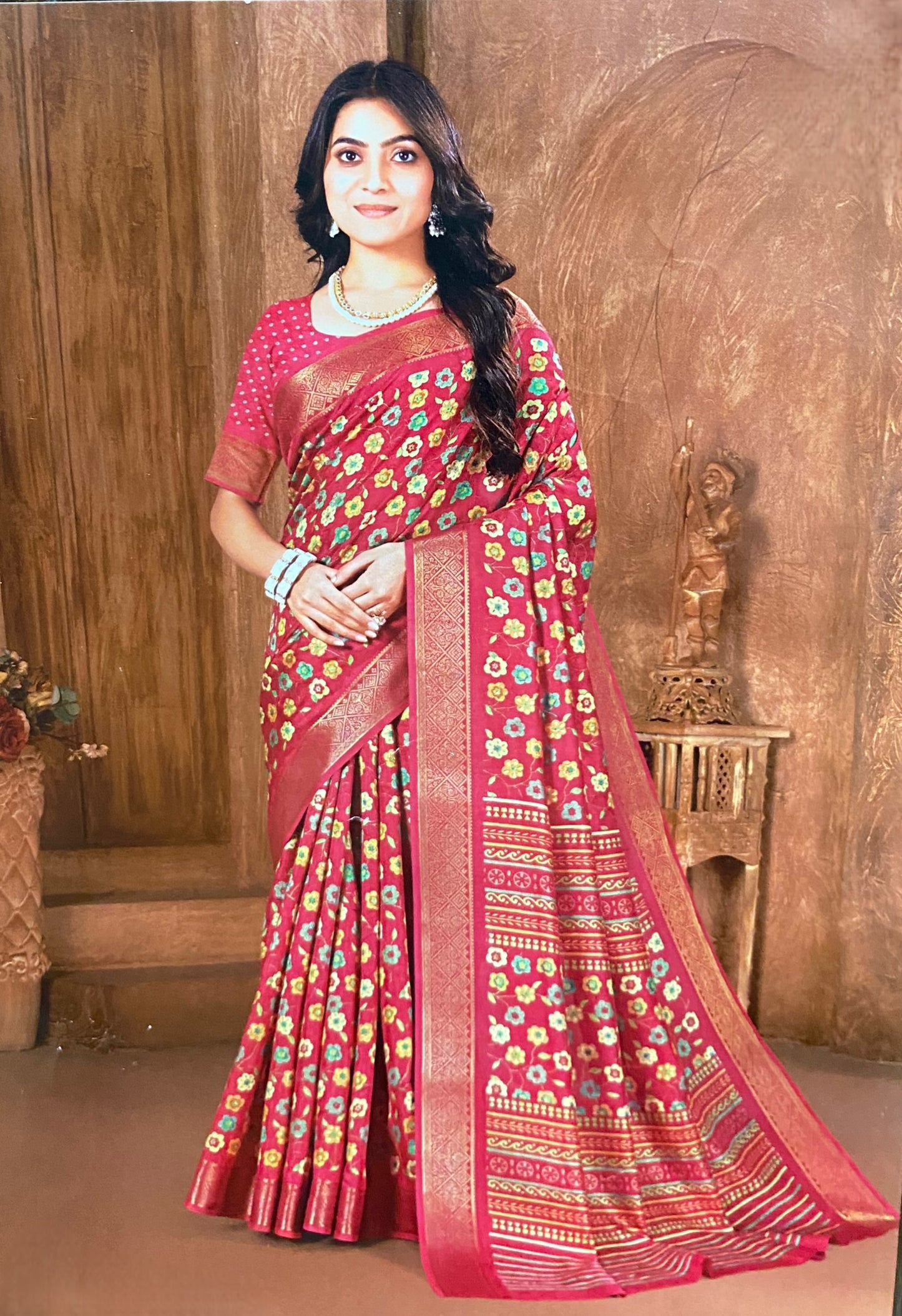 Rich Banarasi Silk Saree with Vibrant Floral Weave