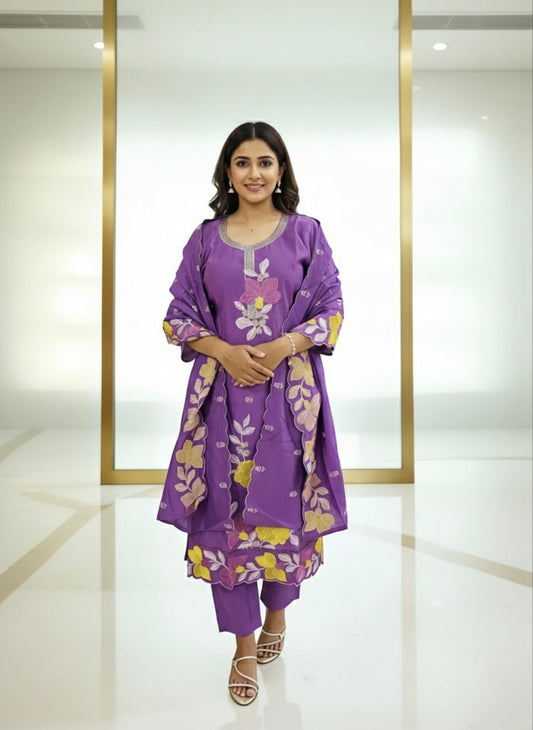 Purple Floral Embroidered Kurta Set with Dupatta