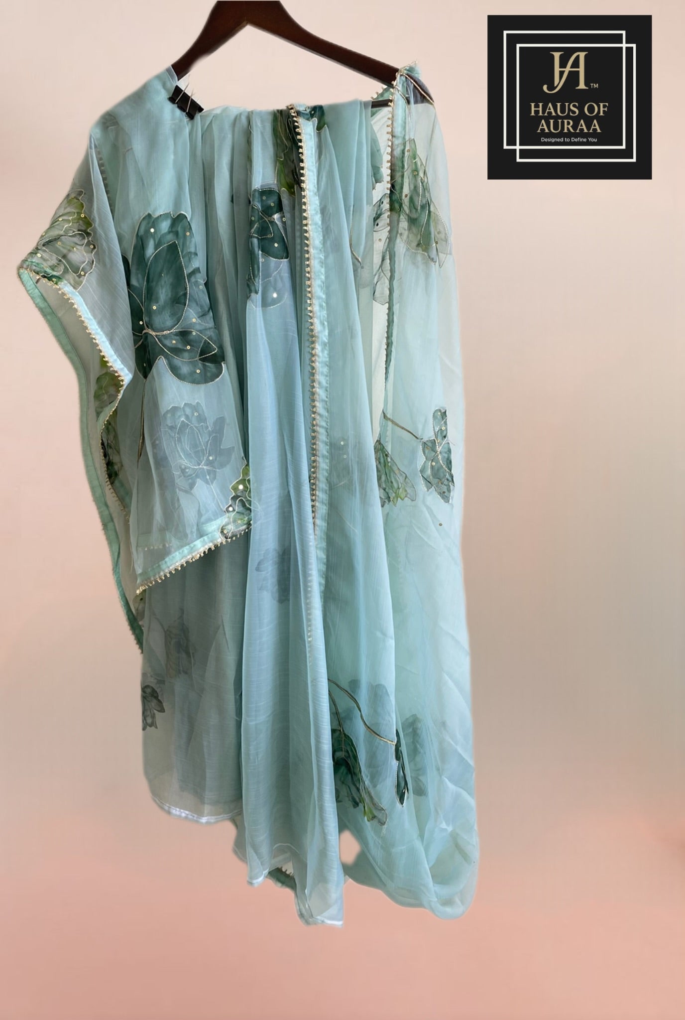 Seafoam Green Organza Saree with Lotus Motifs