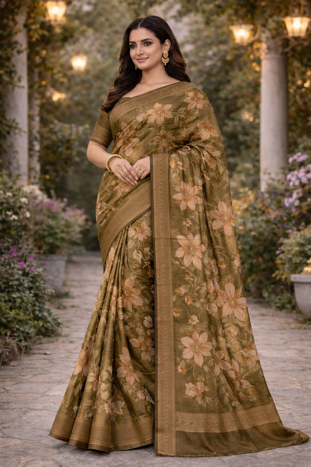 Olive Bloom Zari Organza Saree