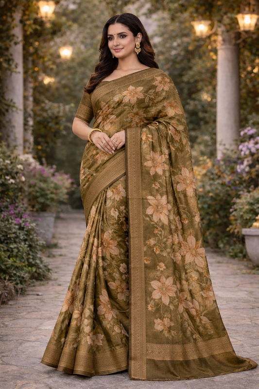 Olive Bloom Zari Organza Saree