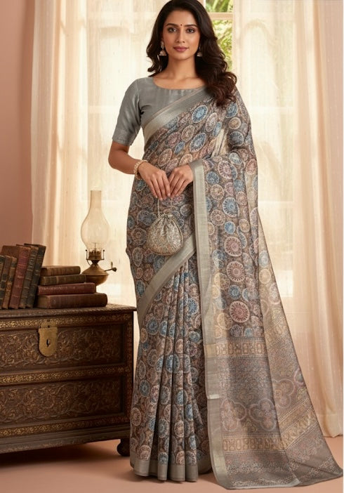Grey Printed Saree