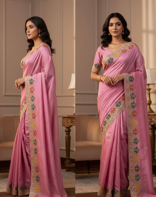 Blush Pink Silk Saree with Multicolor Thread Embroidery