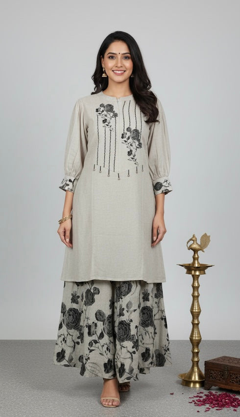 Grey & Black Printed Linen Co-ord Set with Thread Embellished Yoke
