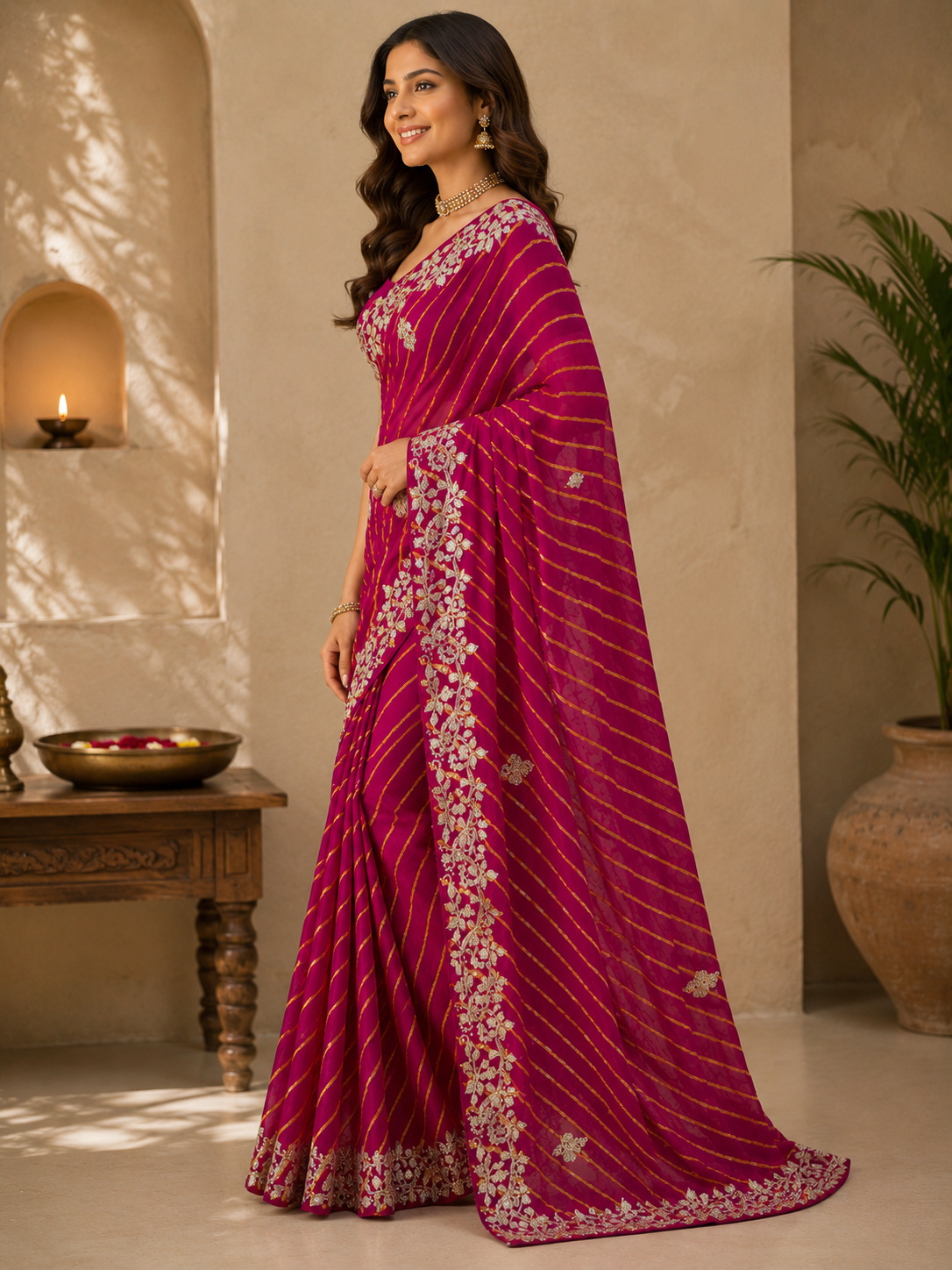 Embroidered Leheriya Soft Chiffon Saree