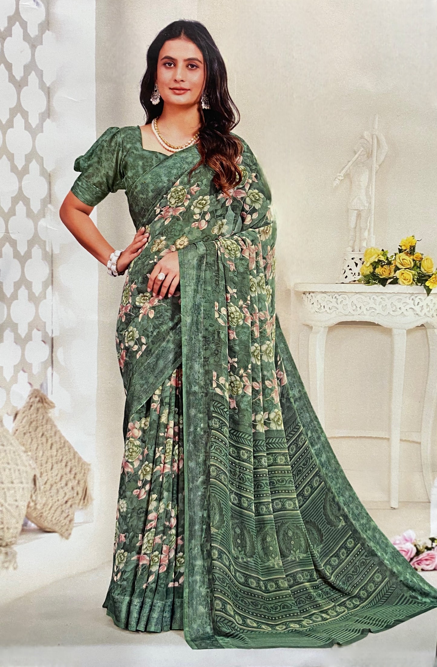 Elegant Green Floral Printed Saree with Traditional Border