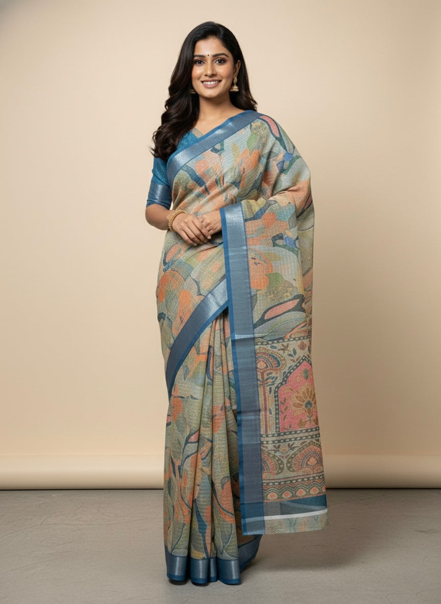 Pastel Garden Art Printed Saree