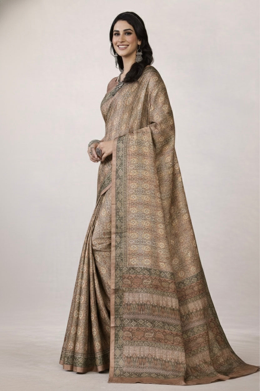 Elegant Rose Gold Banarasi Silk Saree with Antique Motifs