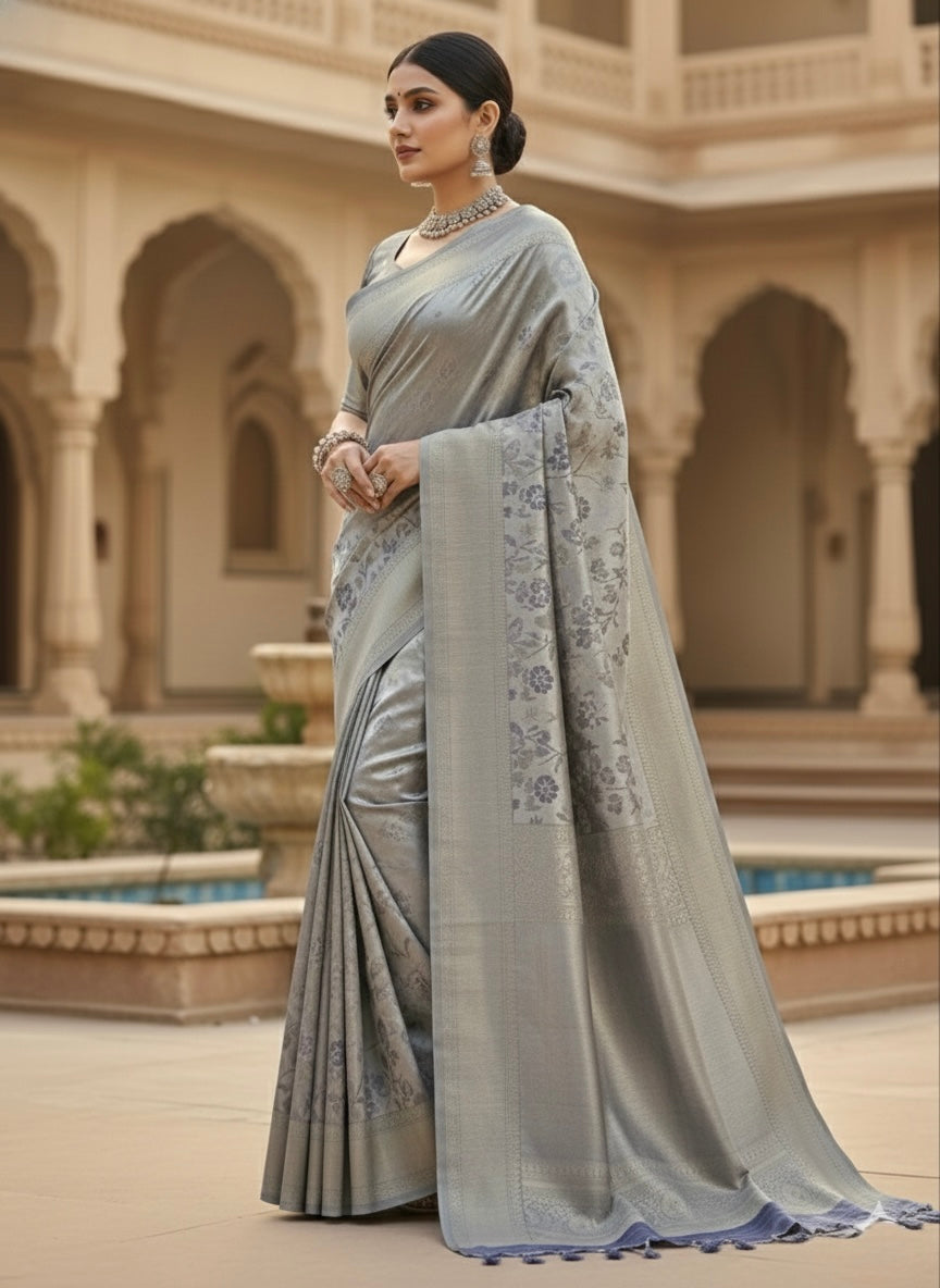 Printed Silk-Blend Saree with Matching Shawl