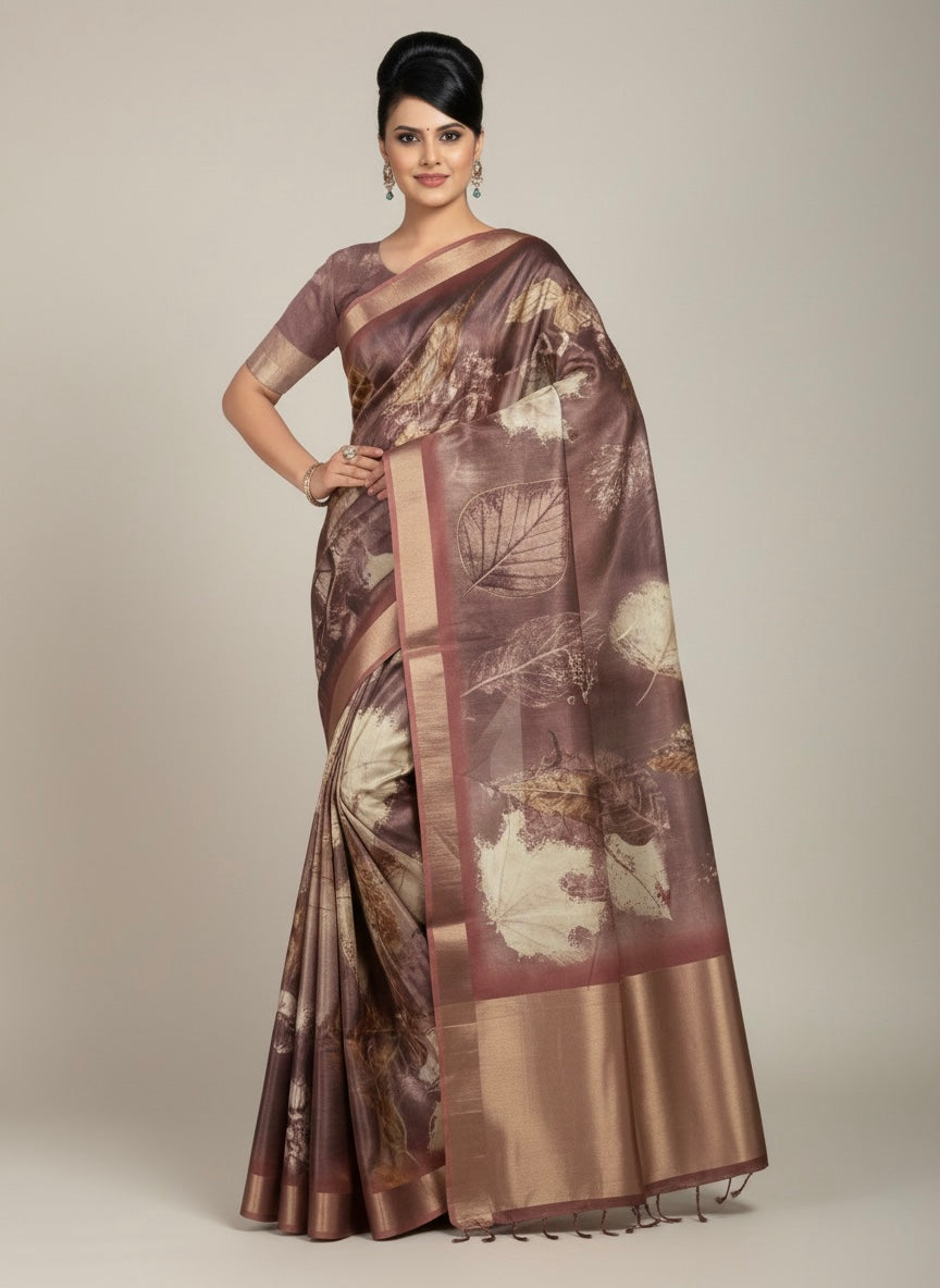 Coffee Brown Leaf Print Saree with Contrast Border