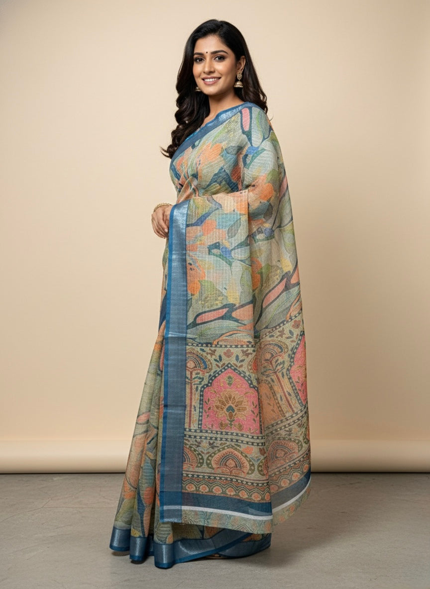 Pastel Garden Art Printed Saree