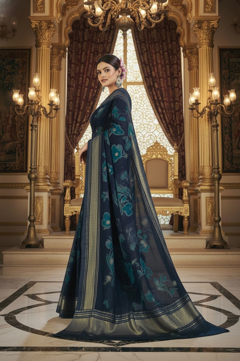 Midnight Blue Banarasi Silk Saree with Intricate Zari & Floral Weave