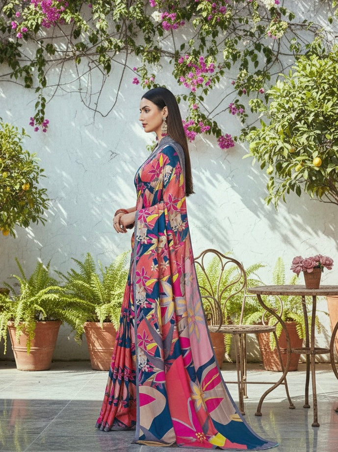 Tropical Muse Satin Saree – Bold Florals, Luxe Feel