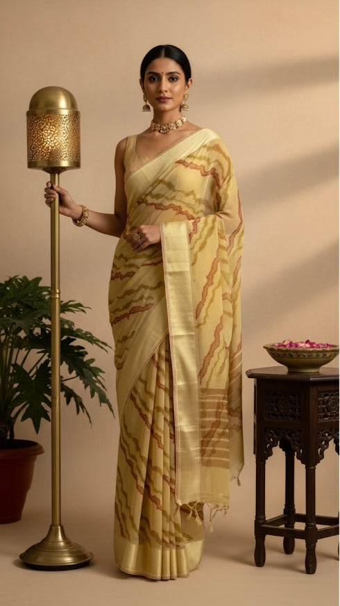 Yellow Abstract Printed Saree with Subtle Golden Border