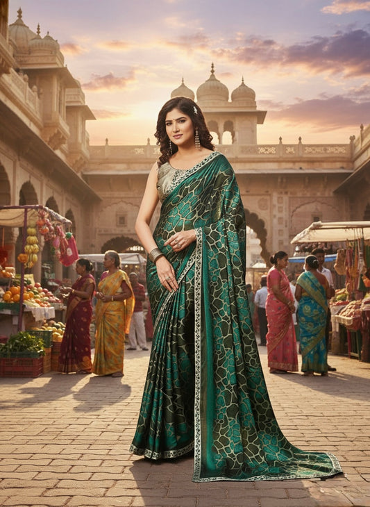 Teal Green and Black Printed Saree with Animal-Skin Inspired Pattern