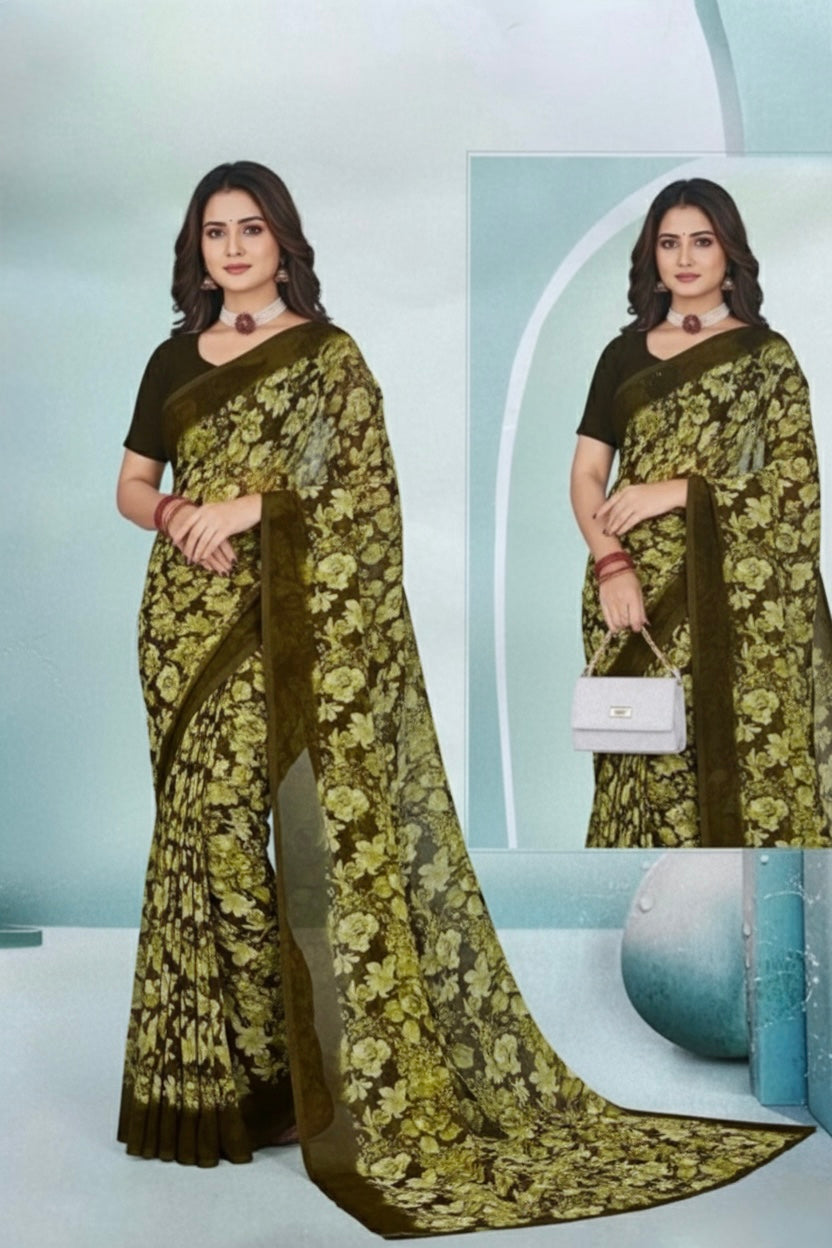 Vintage Bloom Olive Saree – Earthy Elegance in Floral Harmony